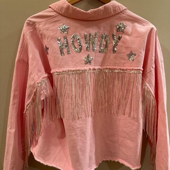 mainstrip Jackets & Blazers - Main Strip Medium Pink Jean Fringe HOWDY jacket NWOT **Nashville trip!